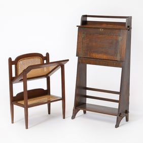 Arts & Crafts Oak Fall Front Desk and an Oak and Caned Magazine Stand