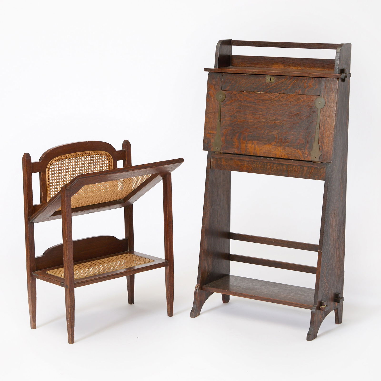 Arts & Crafts Oak Fall Front Desk and an Oak and Caned Magazine Stand (1 of 6)