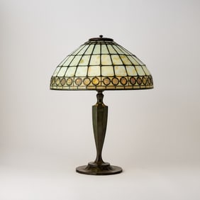 Tiffany Studios Bronze and Leaded Glass ‘Colonial Faux-Jeweled Band’ Table Lamp