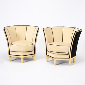 Pair of Art Deco Giltwood and Upholstered Lounge Chairs