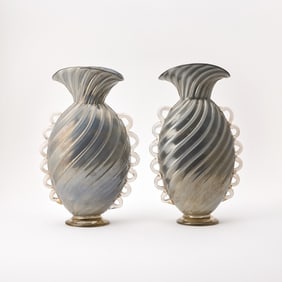 Two Favio Poli Murano Blown Glass 'Grigio Oro' Footed Vases