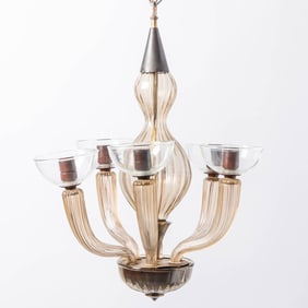 Venini Gilt and Chrome-Plated Metal and Ribbed Blown Glass Six-Light Chandelier Designed by Carlo