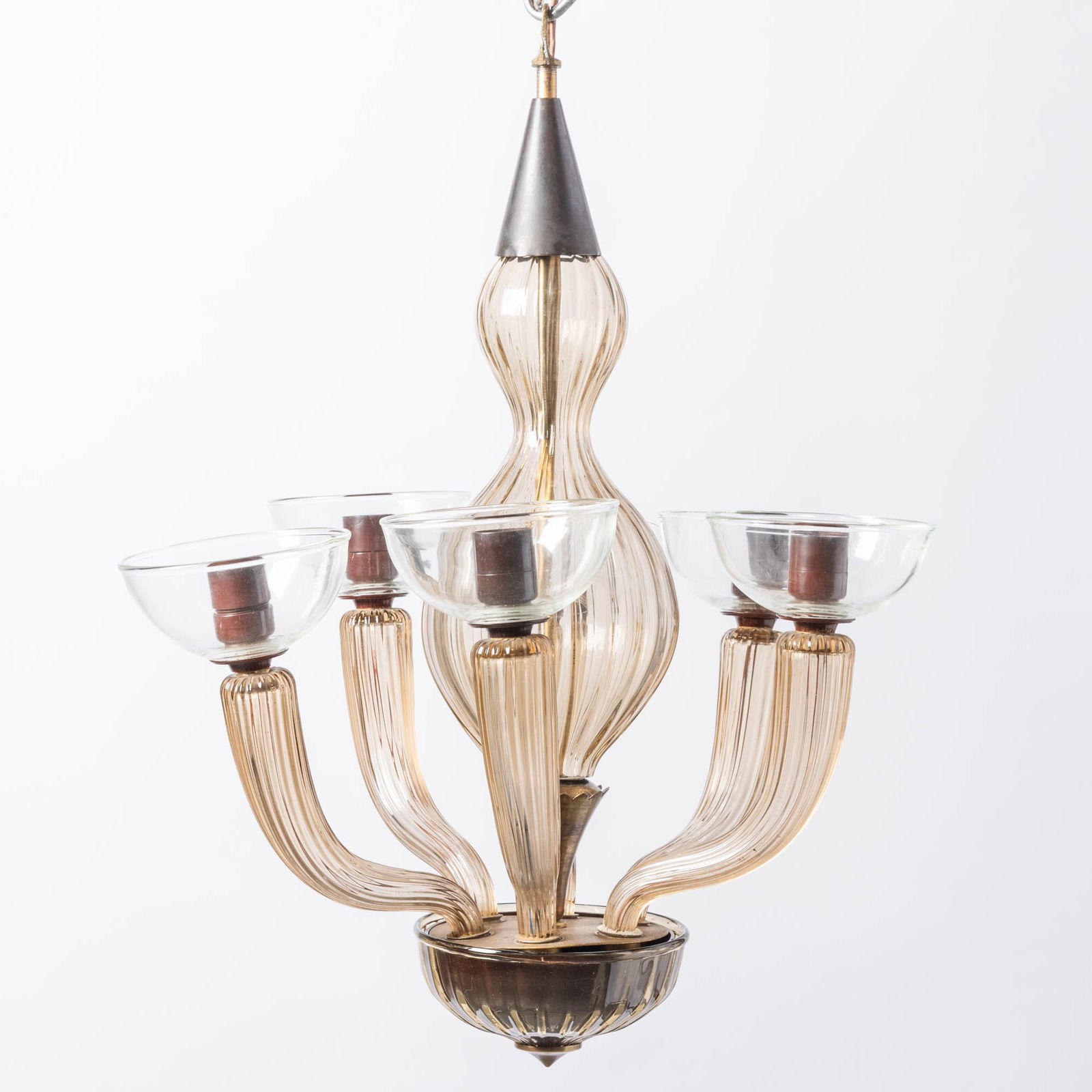 Venini Gilt and Chrome-Plated Metal and Ribbed Blown Glass Six-Light Chandelier Designed by Carlo (1 of 5)