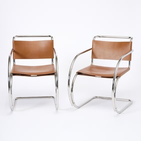Pair of Mies van der Rohe for Knoll Tubular Metal and Leather "MR20" Armchairs