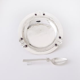 William Spratling Sterling Silver and Hardstone Set Bowl and Serving Spoon