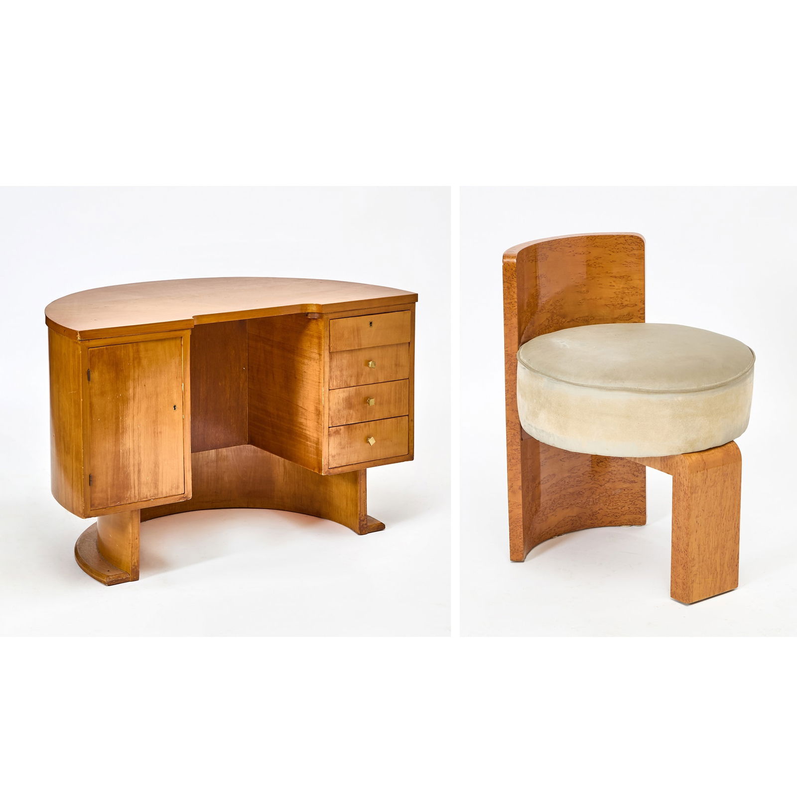 Moderne Style Blonde Wood Crescent Shaped Desk and Burlwood Chair (1 of 9)
