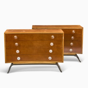 Pair of Gilbert Rohde Mahogany, Burlwood and Part Ebonized Model No. 3920 Chests of Drawers