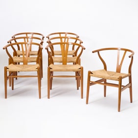 Seven Hans Wegner for Carl Hansen Oak and Rush Cord "Wishbone" Armchairs