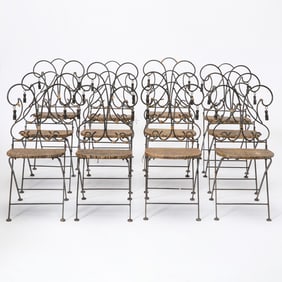 Set of Twelve Wrought-Iron, Carved Wood and Wicker Folding Chairs
