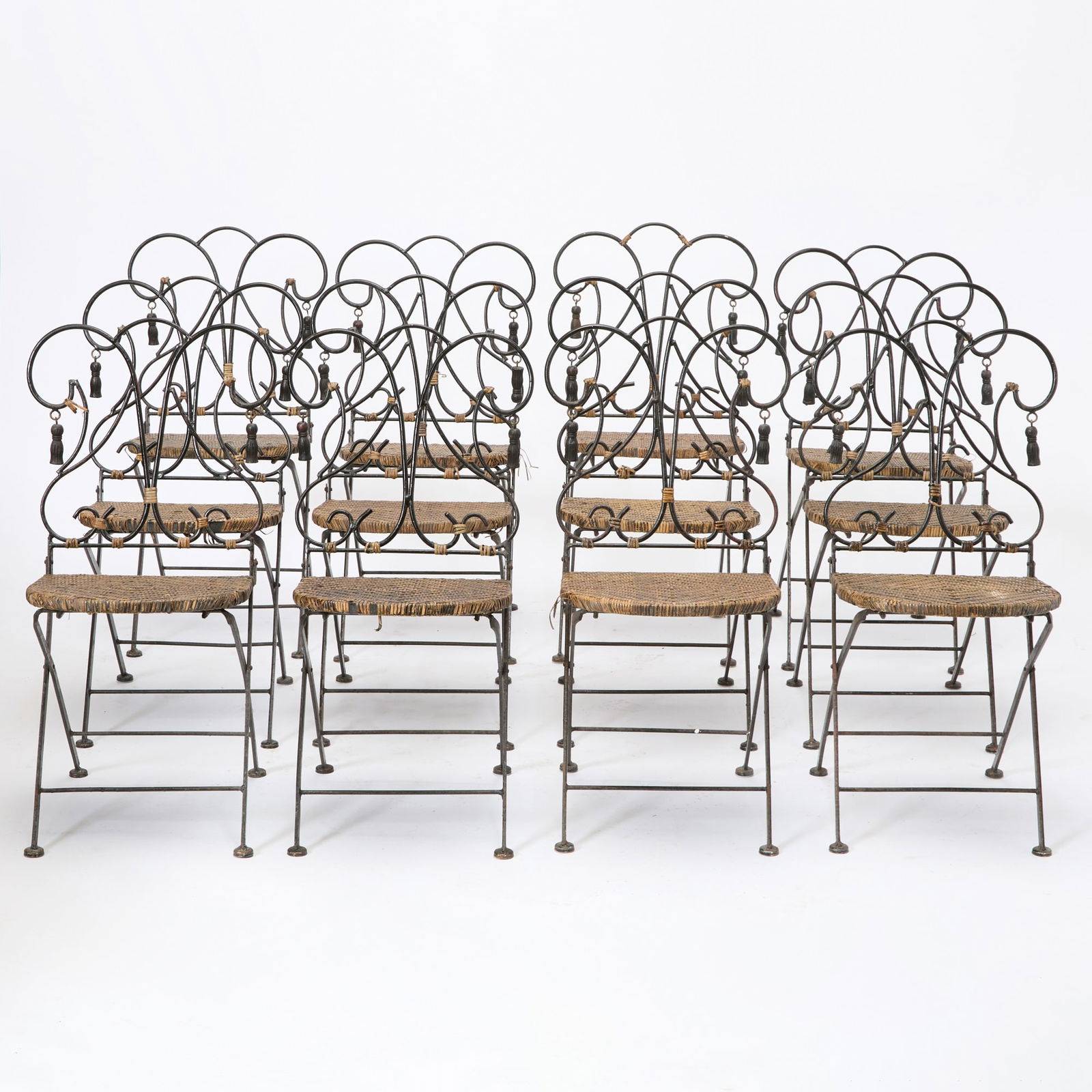Set of Twelve Wrought-Iron, Carved Wood and Wicker Folding Chairs (1 of 6)