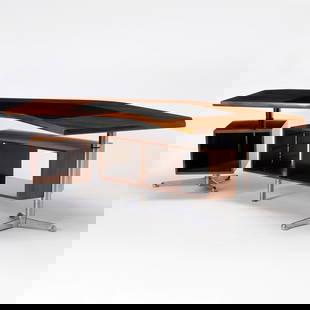 Osvaldo Borsani Chromed Steel, Aluminum and Rosewood No. T-96 Executive Desk: Height 28 1/2 inches, length of desk top 8 feet 2 inches (the shelves adjustable), depth 65 inches.