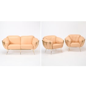 Vidal Grau Leather and Gold Plated Metal Sofa and Pair of Club Chairs