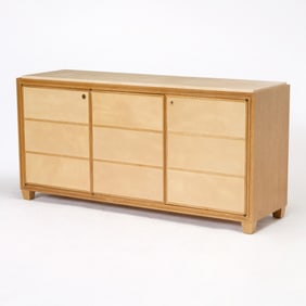 Marble Top Oak and Leather Clad Side Cabinet