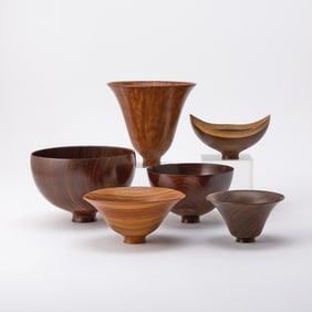 Group of Six Burt Marsh Turned Exotic Wood Bowls