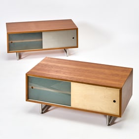 Pair of Eric Pfeiffer Cherry Stained, Blonde Wood, Metal and Tempered Glass Low Cabinets