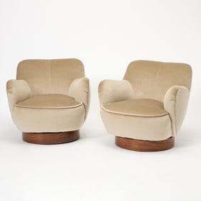 Pair of Vladimir Kagan Upholstered Swivel Armchairs