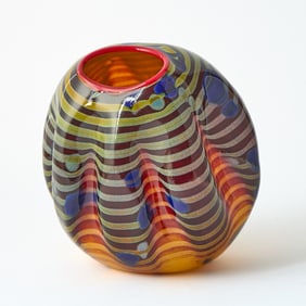 Dale Chihuly Blown Glass 'Cinnamon Macchia' Vessel With Red Lip Wrap