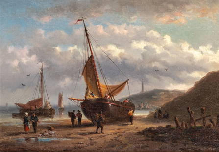 American School: 19th CenturyFishing Boats on the BeachOil on canvas10 1/4 x 14 1/4 inches (26 x 36.2 cm) Provenance:Sale, Christie's East, May 21, 1996, lot 28 (Framed 16 x 19 3/4