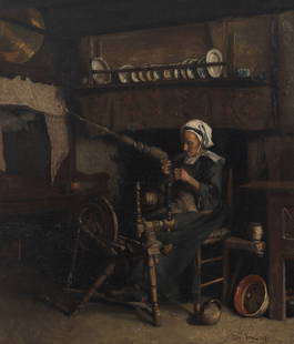 Thomas Hovenden: Irish, 1840-1895 A Spinner at the Wheel, 1875Signed and dated Hovenden 75 (lr)Oil on canvas22 x 19 inches (55.9 x 48.3 cm) (Framed 26 3/4 x 23