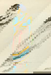 Kalal Laxma Goud: Indian, b. 1940Untitled (Portrait of a Woman), 1981Signed and dated K.Laxmagoud 1981 (lr), inscribed illegibly (lr)Watercolor and ink on paperSight 13 1/2 x 9 1/4 inches (34.3 x 23.5 cm)