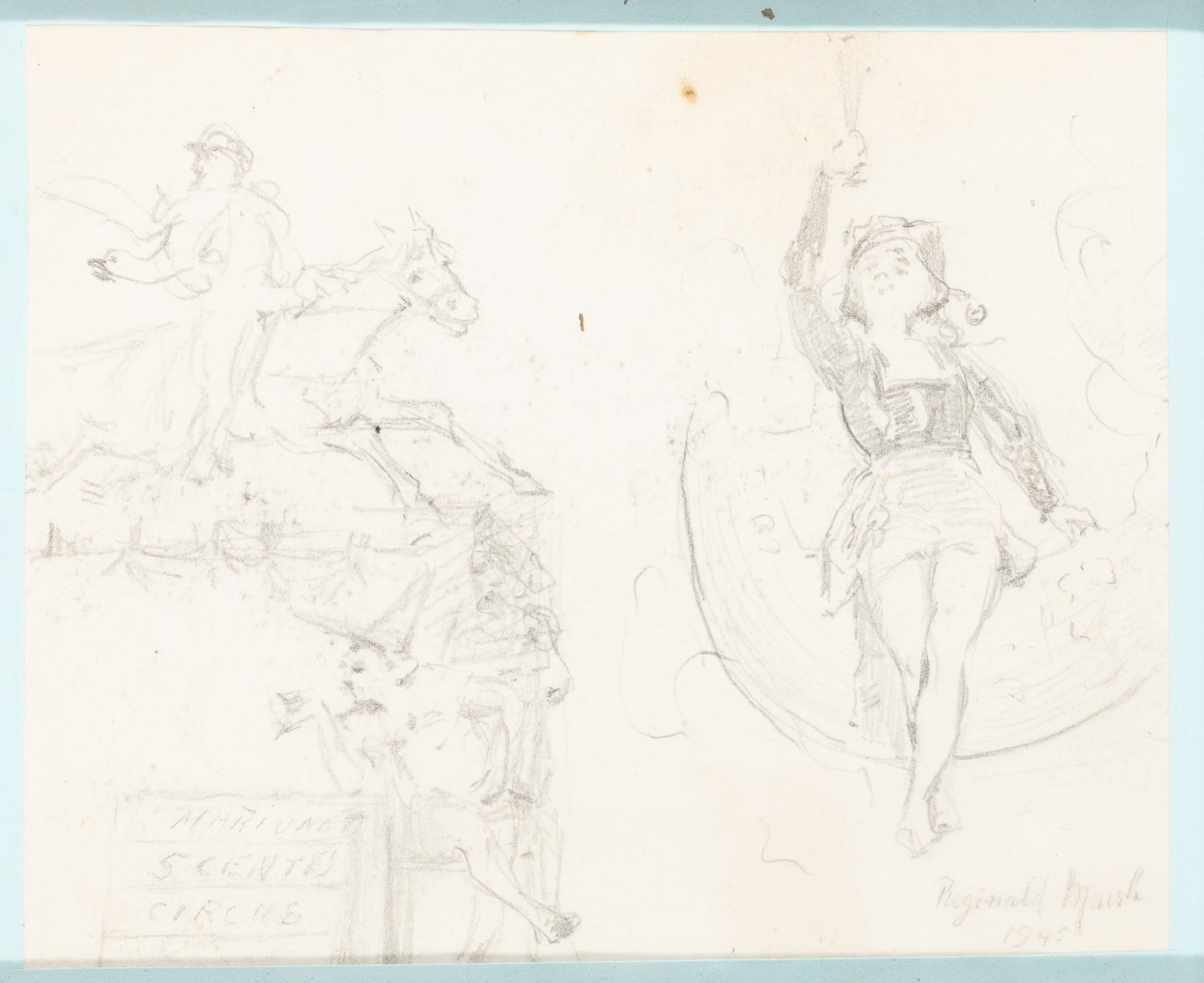 Reginald Marsh: American, 1898-1954Sketch of a Circus Scene, 1945Signed Reginald Marsh and dated 1945 (lr); inscribed MARIONET / 5 CENTES / CIRCUS (ll)Pencil on paperSight 4 1/2 x 5 1/2 inches (11.4 x 14