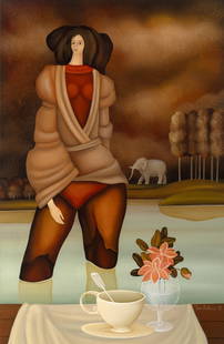 Igor Galanin: Russian/American, b. 1937Untitled (Composition with Figure, Teacup, and Elephant), 1976Signed and dated Igor Galanin 76 (lr) and intialed and dated IG / 76 on the teaspoonAcrylic on panel36 x 24 i