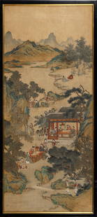 Chinese Painting, After Qiu Ying: Ink and color on silk; depicting scholars leisuring in an outdoor setting; framed. (Sight 46 x 20 inches)