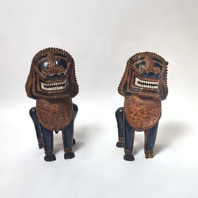 Pair of Thai Carved and Painted Wood Beasts 19th Century