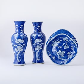 Three Chinese Blue and White Porcelain Hawthorne Articles Qing Dynasty