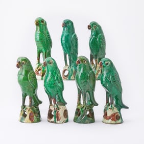 Seven Chinese Export Green-Glazed Pottery Figures of Parrots 19th Century