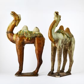 Pair of Chinese Tang Style Sancai Glazed Pottery Figures of Bactrian Camels