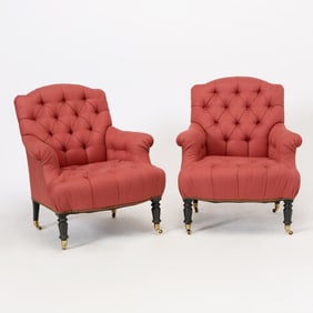 Pair of Button-Tufted Upholstered Club Chairs