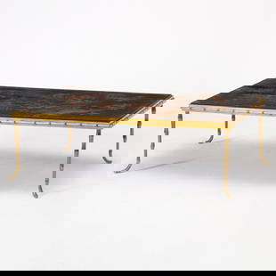 Chinoiserie Decorated Lacquer Low Table: Modern Height 13 inches, width 40 inches, depth 24 1/2 inches.