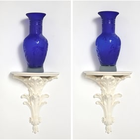 Pair of Cobalt Blue Glass Vases Together with a Pair of White Painted Wall Brackets