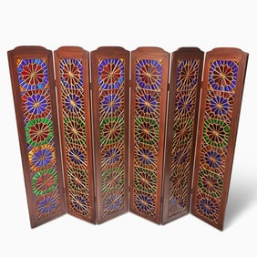 Persian Colored Glass and Fruitwood Six-Panel Screen