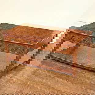 Burl Walnut George II Style Low Table: Height 19 inches, width 47 inches, depth 23 1/2 inches.  edgewear; wear to lower shelf