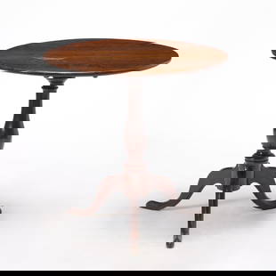 George III Oak Tripod Table: Height 26 3/4 inches, width 27 1/2 inches, depth 26 inches. stains to top; cracks to post; wear to feet; one leg coming out of post slightly; repair to two feet