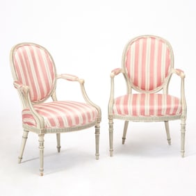 Pair of George III Style Upholstered and Painted Armchairs