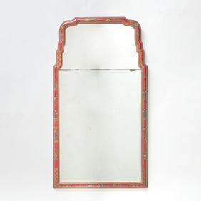 George II Style Chinoiserie Decorated Red Lacquered Mirror