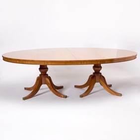 George III Style Inlaid Mahogany Double Pedestal Extension Dining Table