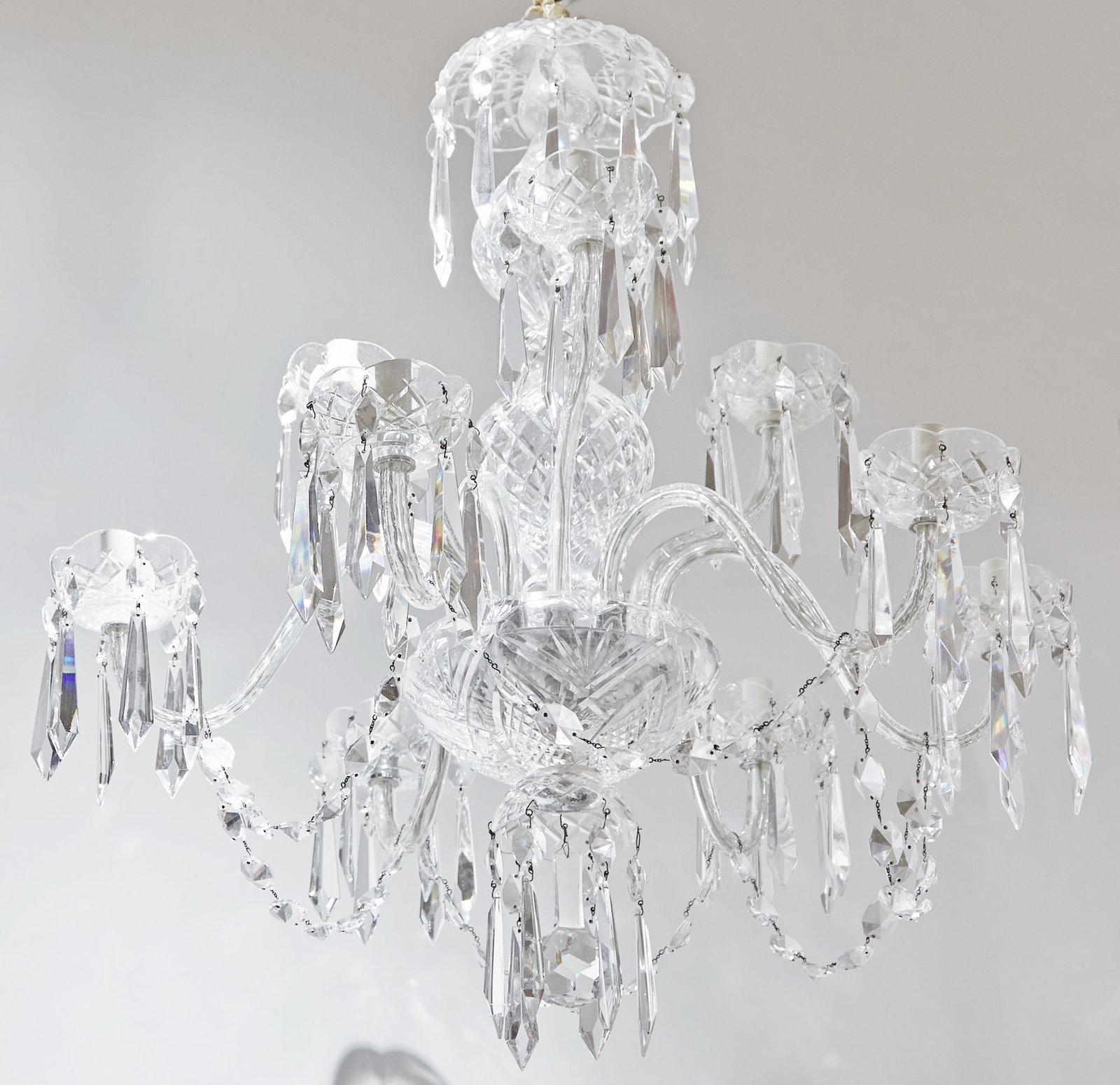 Waterford George III Style Glass Nine-Light Chandelier: Height 29 inches, diameter 28 inches. generally good condition; no missing pieces