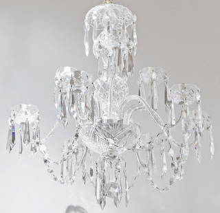 Waterford George III Style Glass Nine-Light Chandelier: Height 29 inches, diameter 28 inches.  generally good condition; no missing pieces
