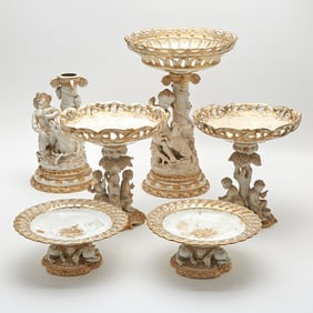 Assembled English Gilt-Decorated Porcelain Six-Piece Figural Table Garniture Late 19th/early 20th