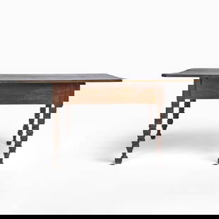 Walnut and Maple Farm Table Possibly Tennessee, early 19th century: The rectangular three board top with cut corners above a straight apron joining four ring-turned legs. Height 30 1/4 inches, width 63 3/4 inches, depth 35 5/8 inches.  wear from heavy use; sta