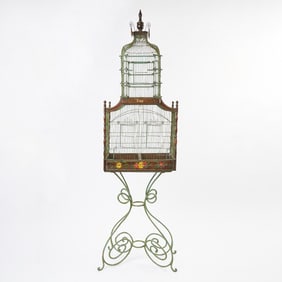 Painted Wirework Birdcage on Wrought Iron Stand