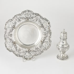 English Sterling Silver Sugar Caster and a Continental Silver Dish