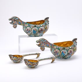 Pair of Russian Style Silver-Gilt and Cloisonné Enamel Kovshi and Ladles