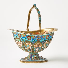 Russian Style Silver-Gilt, Cloisonné and Plique-à-Jour Enamel Handled Basket