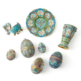 Group of Eight Russian Style Silver and Cloisonné Enamel Articles