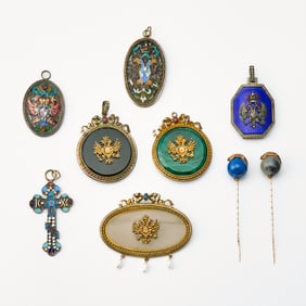 Group of Seven Russian Style Silver, Hardstone and Enamel Jewelry